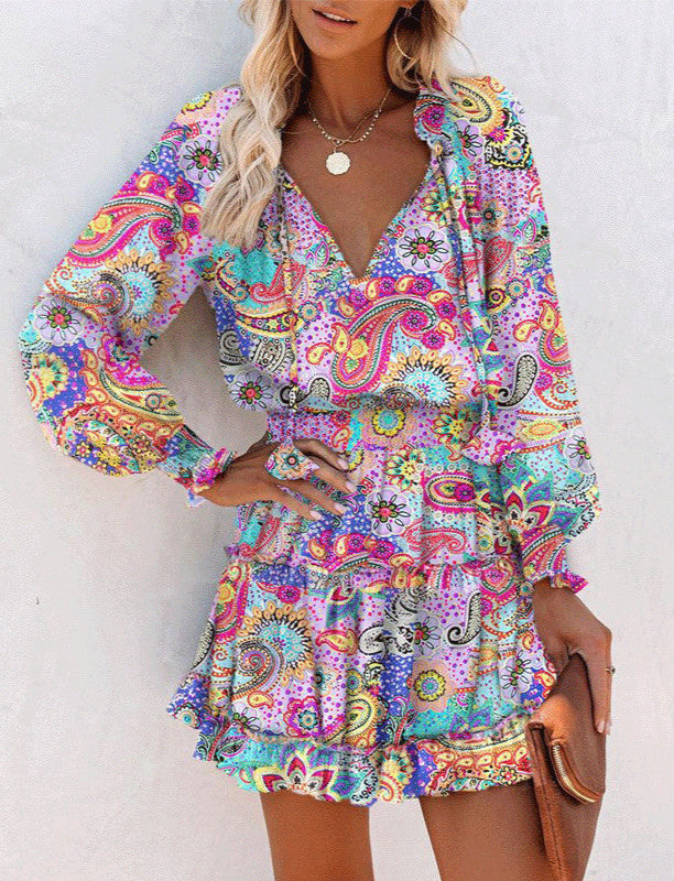 Fashion Printed Patchwork Puff Sleeve Dress