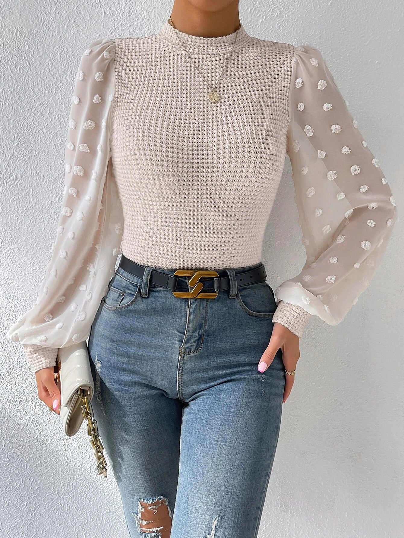 Fashion Knitwear Round Neck Stitching Blouse