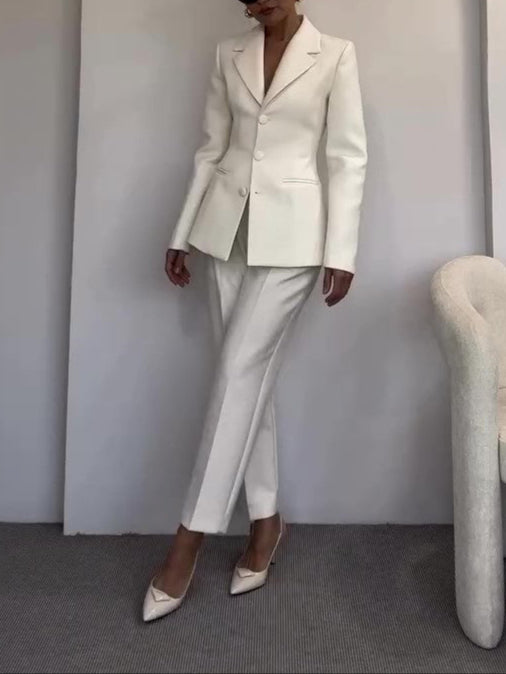 Fashion Classic Waist-Cinched Blazer & High-Waisted Pants White Suit