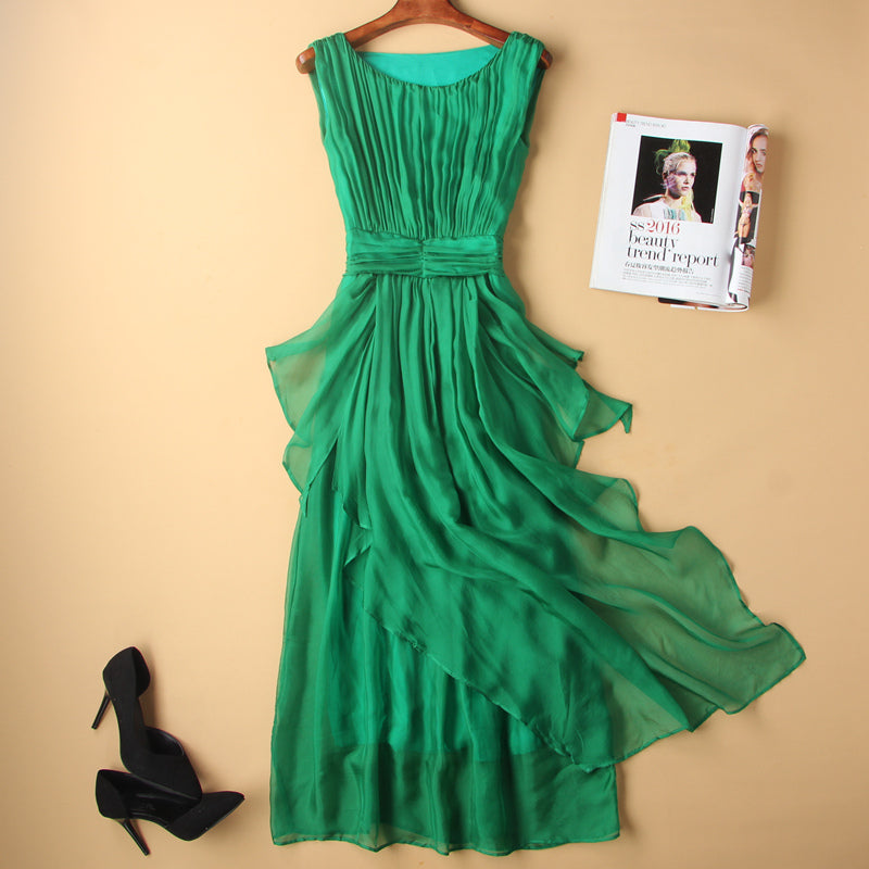 Fashion Round Neck Silk Long Dress