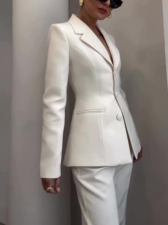 Fashion Classic Waist-Cinched Blazer & High-Waisted Pants White Suit