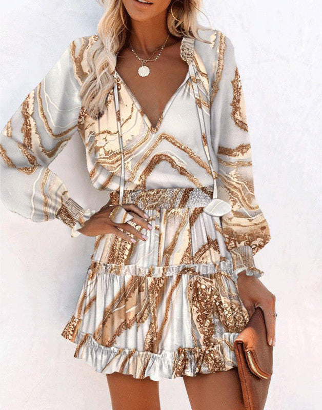 Fashion Printed Patchwork Puff Sleeve Dress