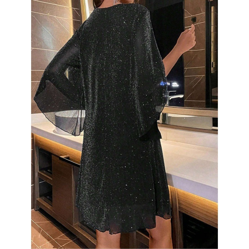 Fashion V-Neck Half Sleeve Loose Waist Shiny Dress