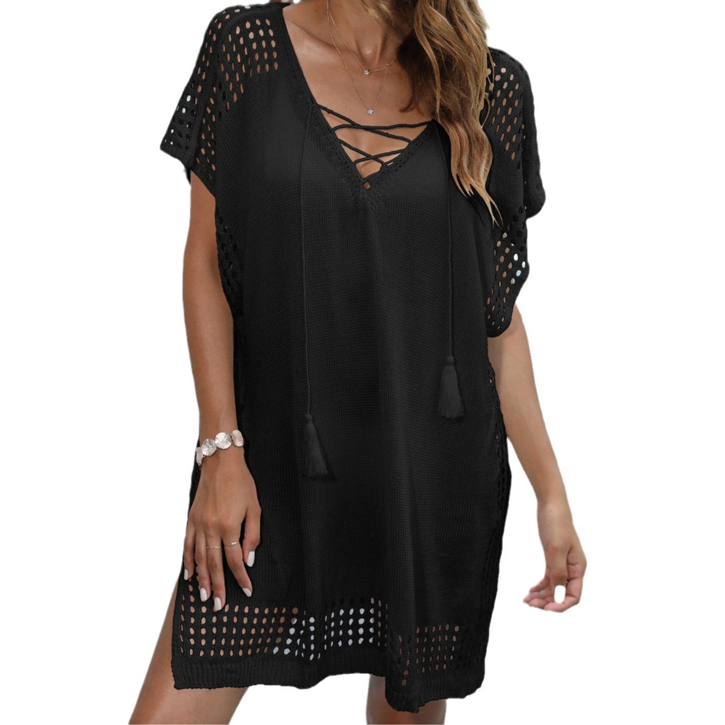 Fashion Deep V Lace-Up Woven Cover Up
