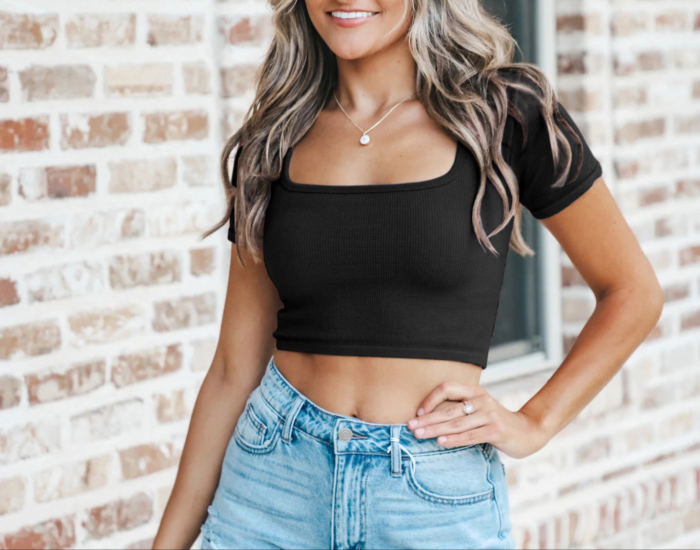 Fashion Square Collar Thread Knitted Crop Top