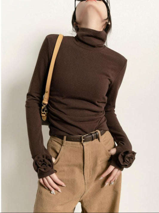 Fashion Brown Micro Velvet Lined Turtleneck Bottoming Shirt