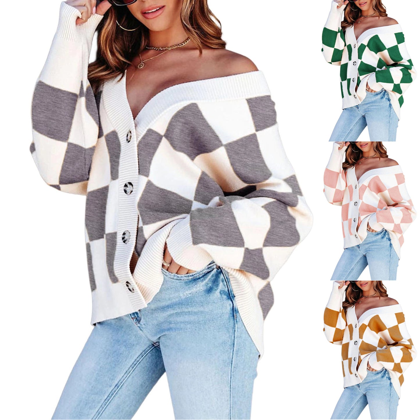 Fashion Casual Loose Checkered Contrast Color Knitted Cardigan