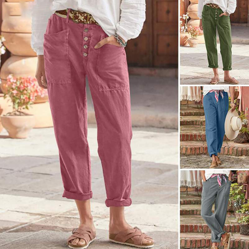 Fashion Breasted Cotton Linen Loose Pants