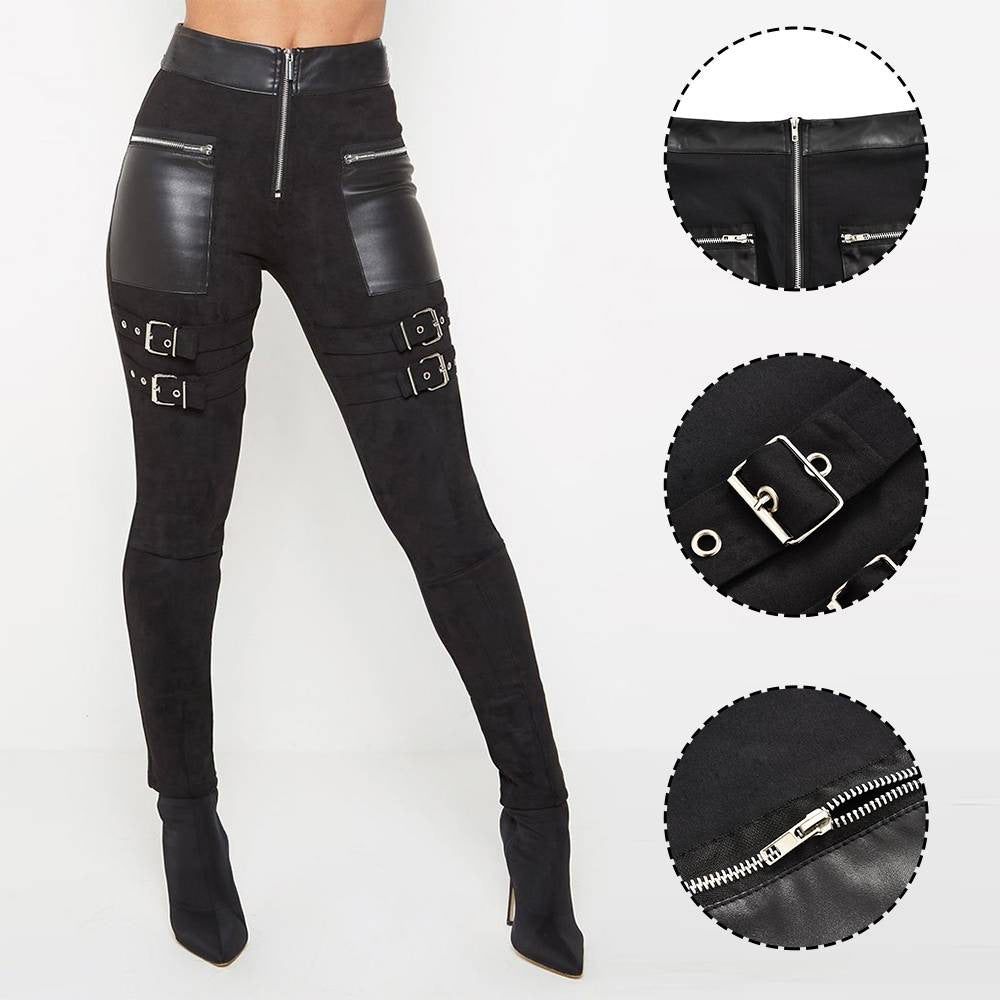 Fashion Black Leather Zipper Pants