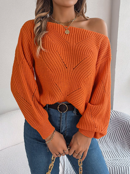 Fashion  Hollow-out Off-neck Off-the-shoulder Lantern Sleeve Sweater