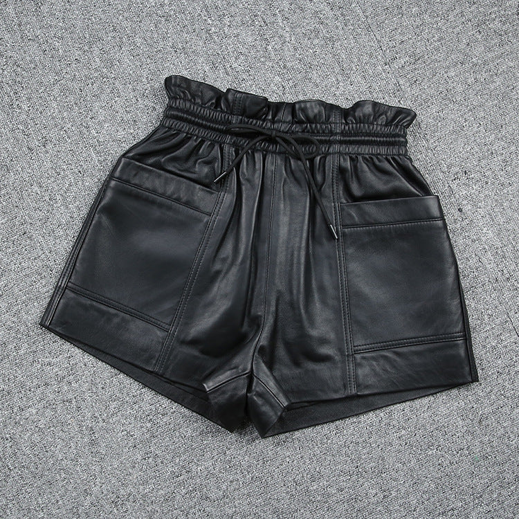 Fashion Drawstring Pocket Casual Leather Sheepskin Shorts