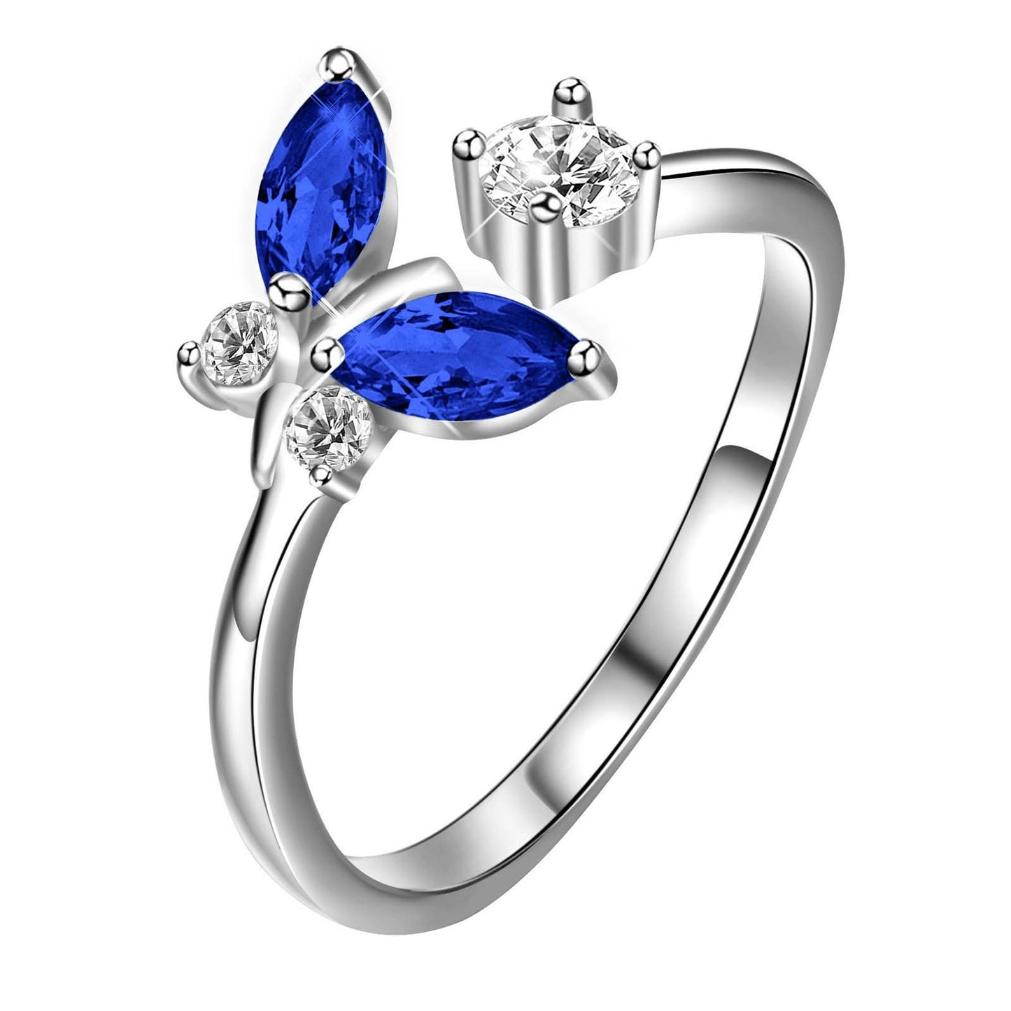 Fashion 925 Sterling Silver Butterfly Ring with Sapphire Blue Crystal