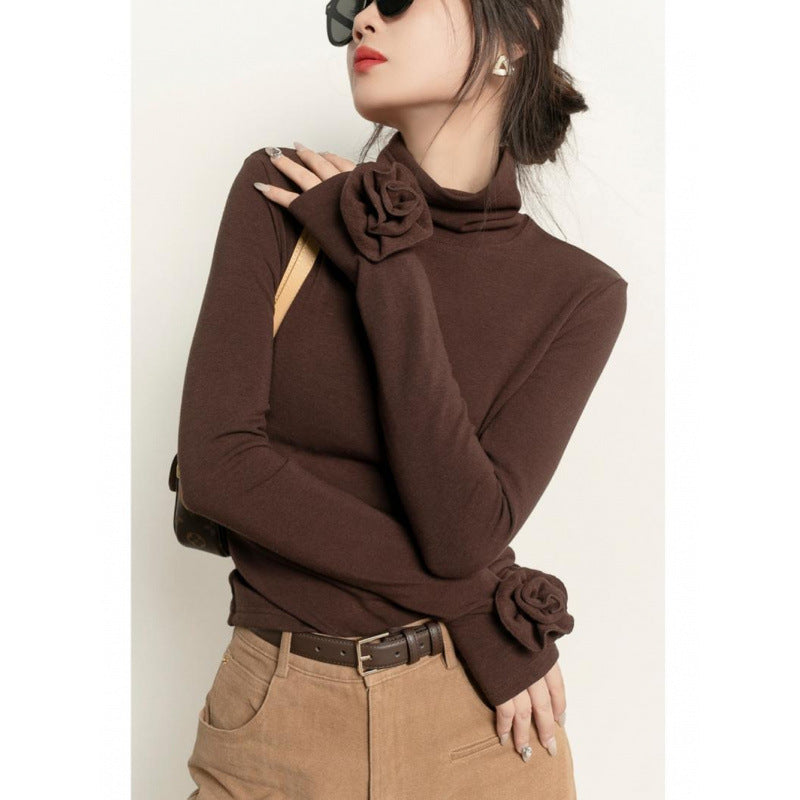 Fashion Brown Micro Velvet Lined Turtleneck Bottoming Shirt