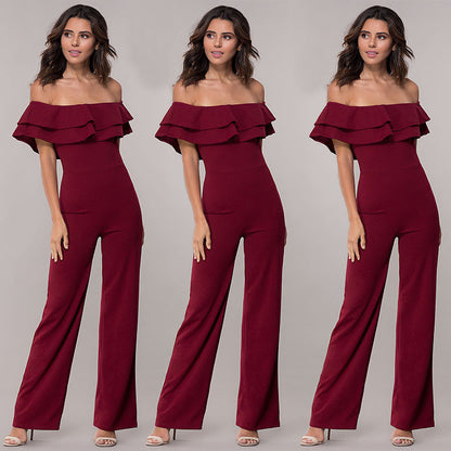 Fashion Pure Color Ruffles Jumpsuit