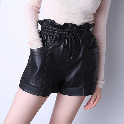 Fashion Drawstring Pocket Casual Leather Sheepskin Shorts