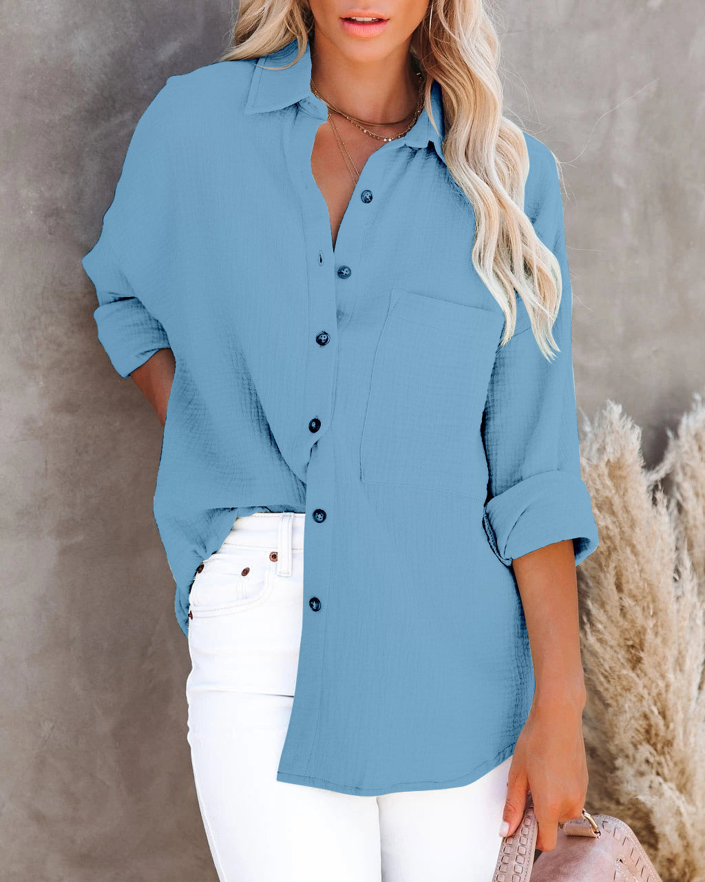 Fashion Long Sleeve V-Neck Button Linen Shirt