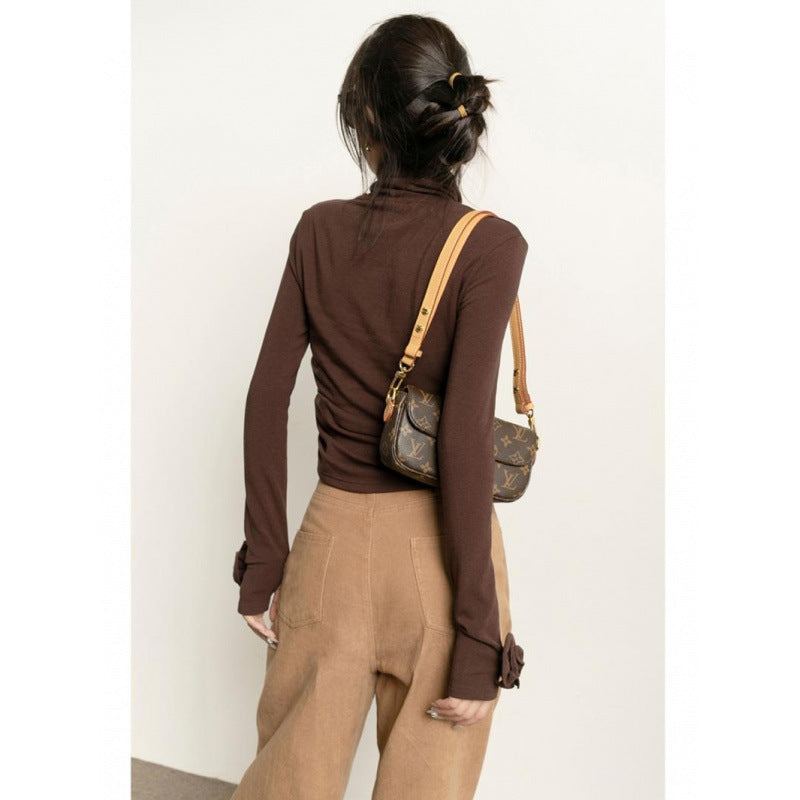 Fashion Brown Micro Velvet Lined Turtleneck Bottoming Shirt