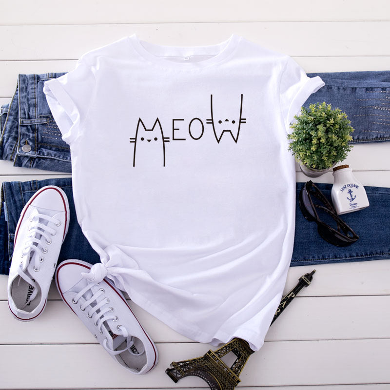 Fashion Cat Letter Cotton T-shirt