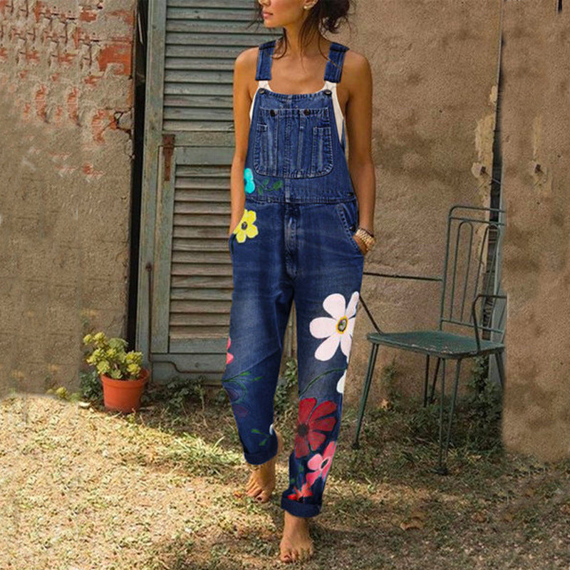 Fashion Floral Print Denim Jumpsuit