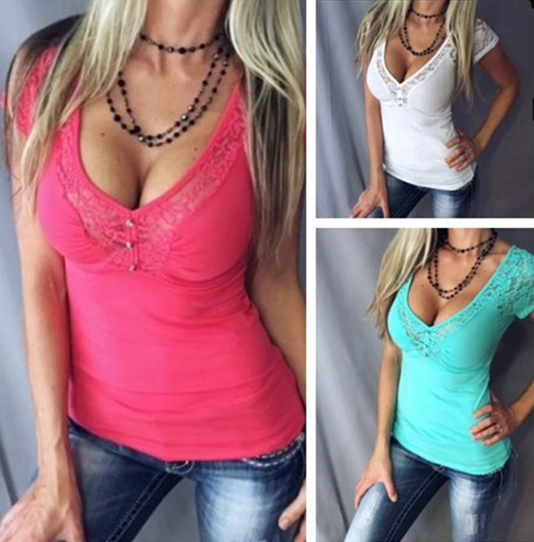 Fashion V-Neck Lace Sleeve Patchwork T-Shirt