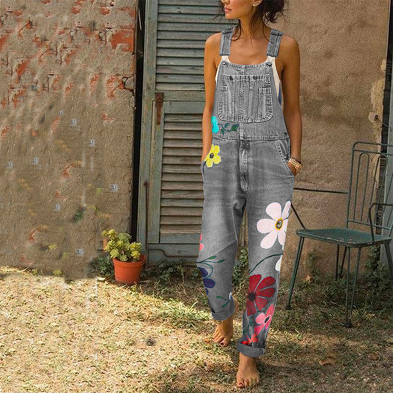 Fashion Floral Print Denim Jumpsuit