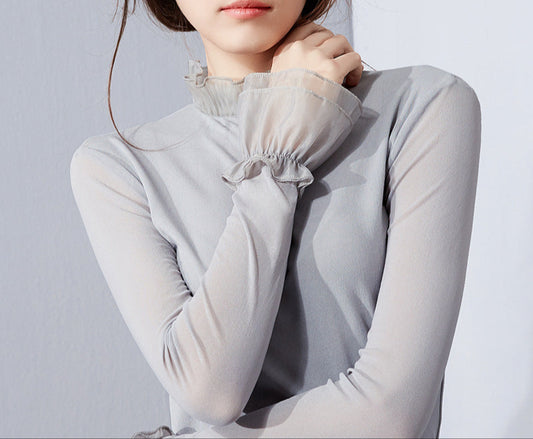 Fashion Lotus Leaf Collar Mesh Bottoming Shirt