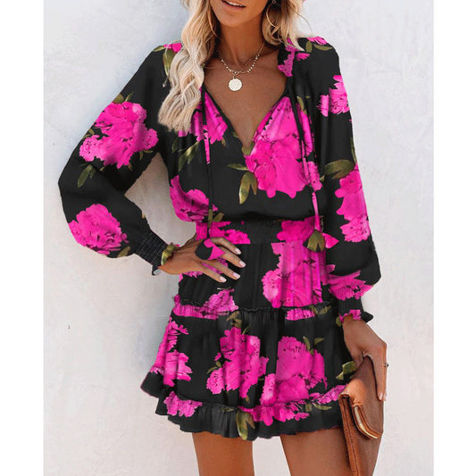 Fashion Printed Patchwork Puff Sleeve Dress