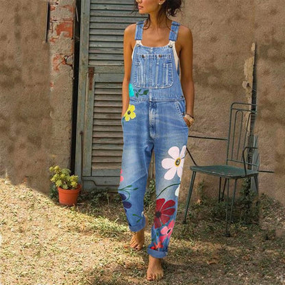 Fashion Floral Print Denim Jumpsuit