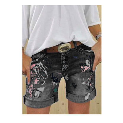 Fashion Washed Printed Jeans Shorts