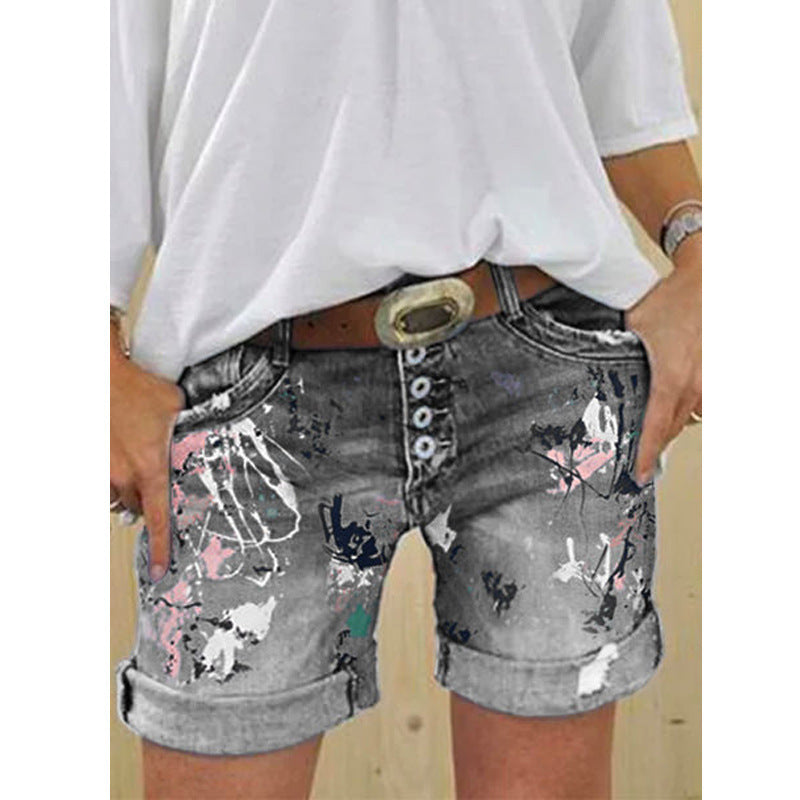 Fashion Washed Printed Jeans Shorts