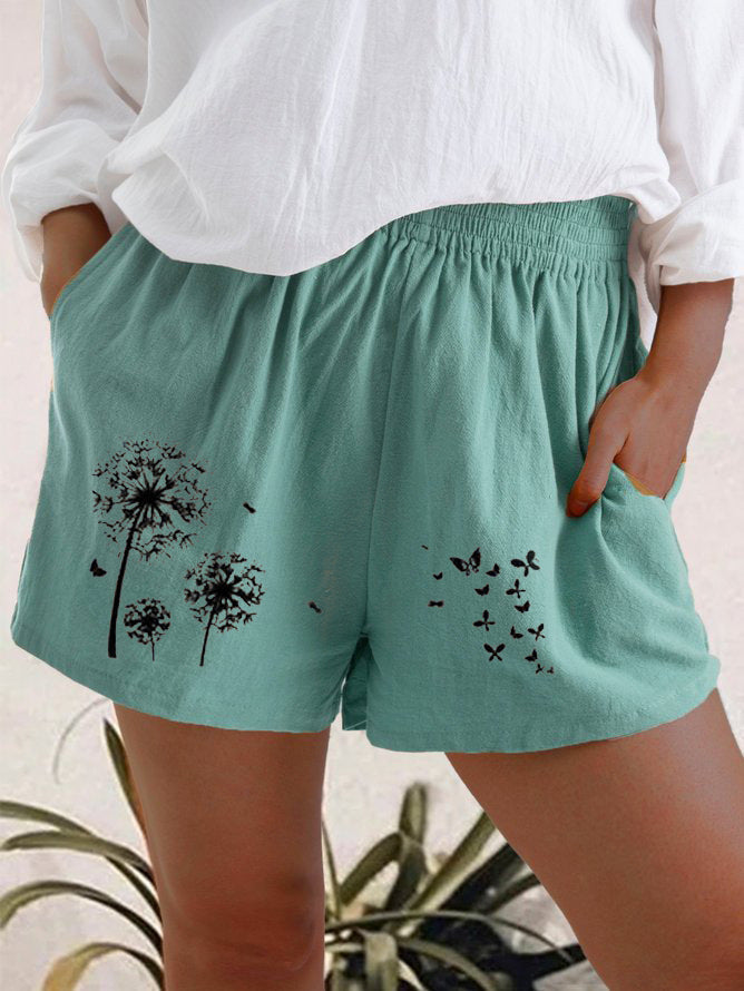 Fashion High Waist Dandelion Print Cotton And Linen Pocket Shorts