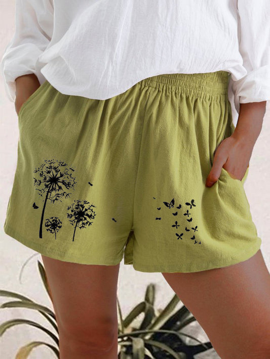 Fashion High Waist Dandelion Print Cotton And Linen Pocket Shorts