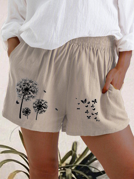 Fashion High Waist Dandelion Print Cotton And Linen Pocket Shorts