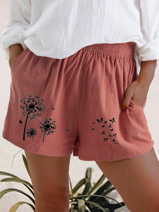 Fashion High Waist Dandelion Print Cotton And Linen Pocket Shorts