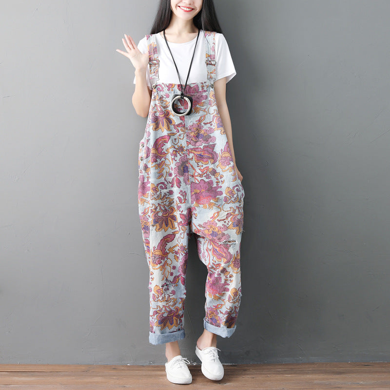 Fashion Ethnic Old Jeans Washed Holes Suspenders Wandering Style Jumpsuits