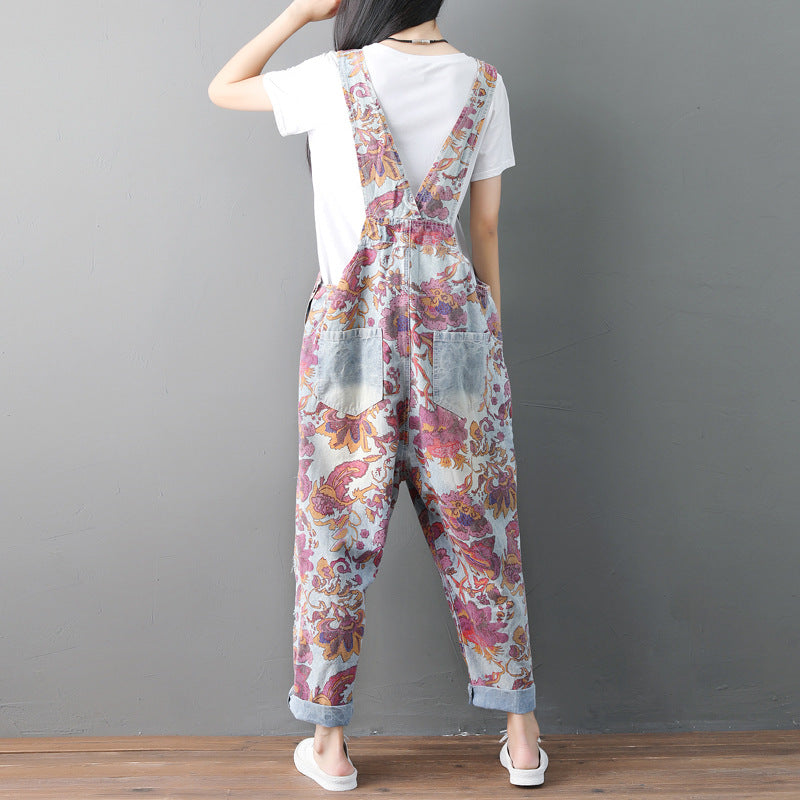 Fashion Ethnic Old Jeans Washed Holes Suspenders Wandering Style Jumpsuits