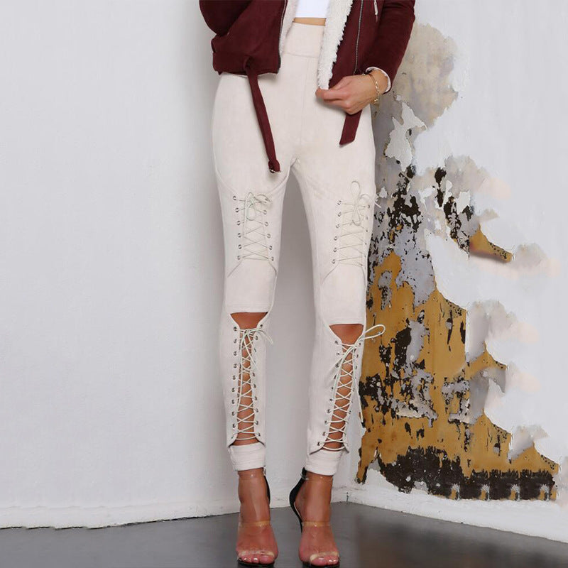 Fashion Lace-up cornskin velvet pants