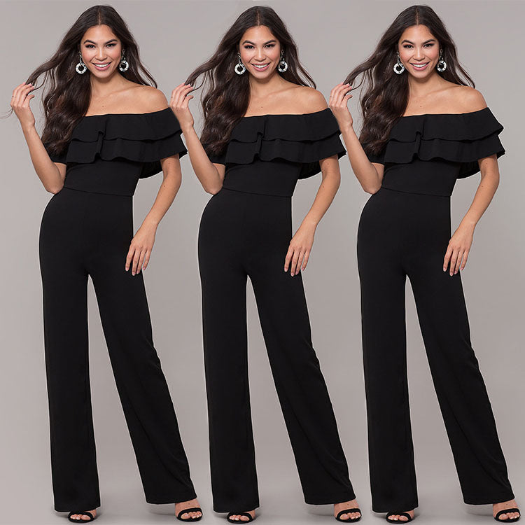 Fashion Pure Color Ruffles Jumpsuit