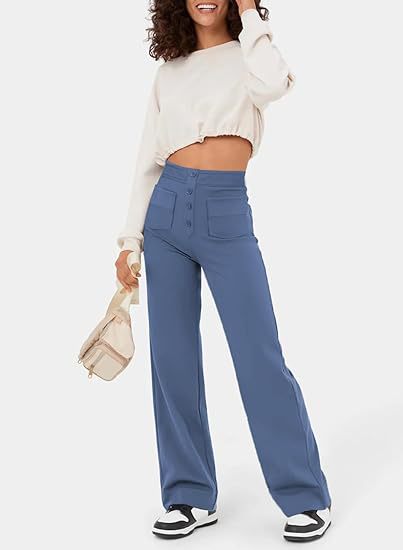 Fashion High Waist Pocket Wide Leg Button Casual Baggy Straight Pants