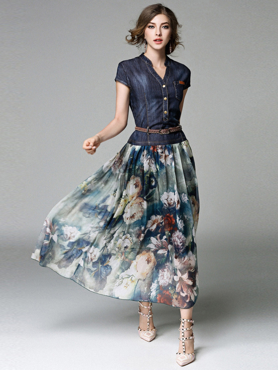 Fashion Denim Printing V-neck Dress