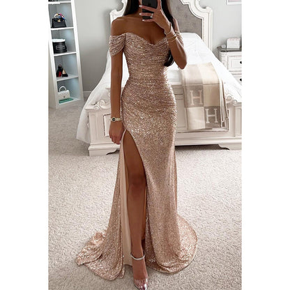 Fashion Party Sequins Off-neck Split Dress