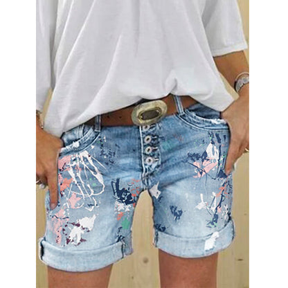 Fashion Washed Printed Jeans Shorts