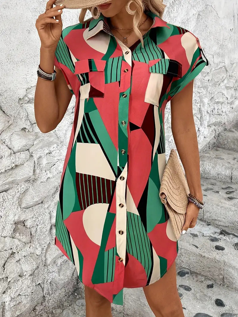 Fashion Geometric Printed Shirt Dress