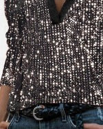 Fashion Gorgeous Sequins V Neck Slim Long Sleeve Casual Top