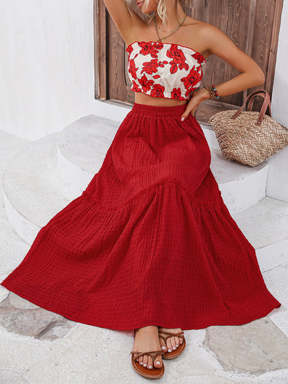 Fashion Printed Tube Top Swing Skirt Suit