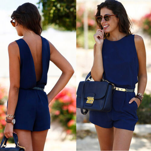 Fashion backless waist belt jumpsuit