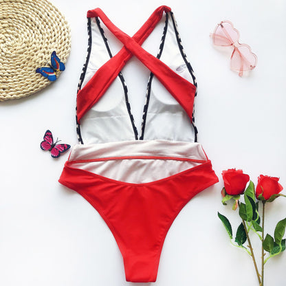 Fashion One-piece color-block metal belt swimsuit