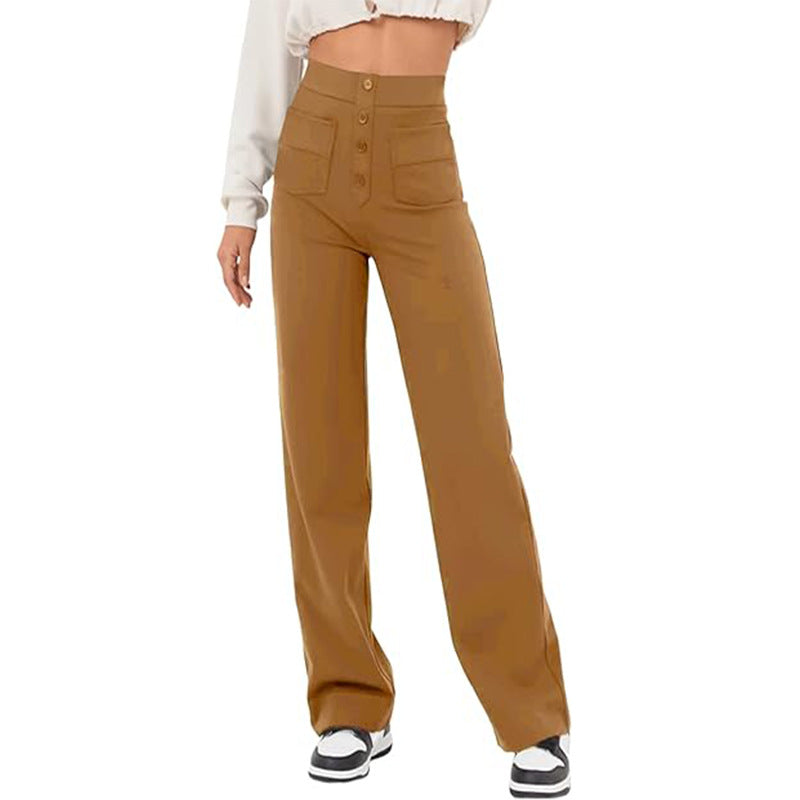 Fashion High Waist Pocket Wide Leg Button Casual Baggy Straight Pants