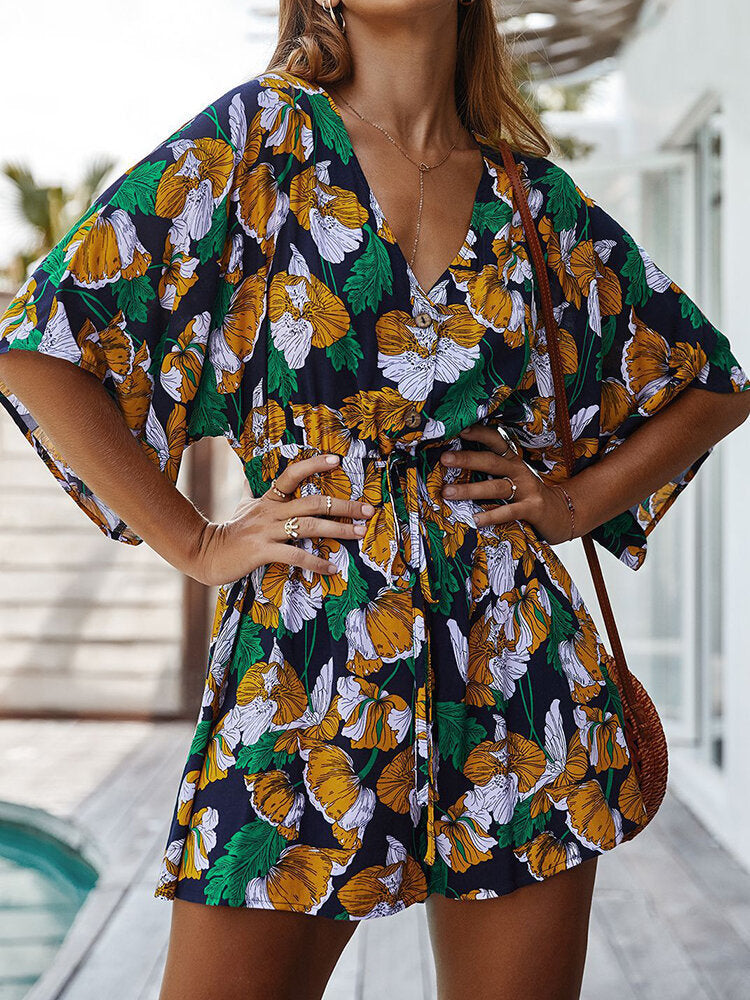 Fashion Floral Printed Short Jumpsuit