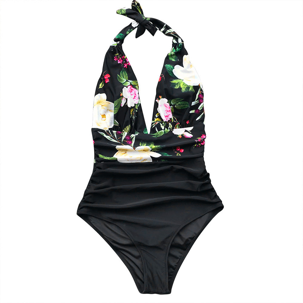 Fashion digital print backless one-piece swimsuit